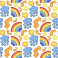 Seamless saturated pattern with multi-colored sewing buttons on a wite background. Various elements: rainbow, sun, cloud,