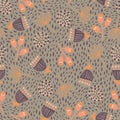 Seamless scandinavian flowers vector background. 1960s, 1970s retro floral design. Purple, orange, and peach vintage doodle