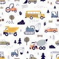 Seamless Scandinavian pattern with cute cars, construction transport, buses, tractors. Childish toy vehicles, repeating