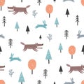 Seamless scandinavian pattern with cute wolf, hares and trees