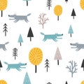 Seamless Scandinavian pattern with cute wolf and trees.