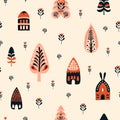 Seamless Scandinavian pattern. Delicate flowers, forest trees, and Cozy village