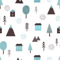 Seamless scandinavian pattern with hand drawn houses, mountains and trees. Royalty Free Stock Photo