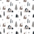 Seamless Scandinavian pattern with hand-drawn houses, mountains and trees. Vectral pattern for baby textiles, gift paper