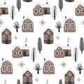 Seamless Scandinavian pattern with hand-drawn houses, mountains and trees. Vectral pattern for baby textiles, gift paper Royalty Free Stock Photo