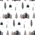 Seamless Scandinavian pattern with hand-drawn houses, mountains and trees. Vectral pattern for baby textiles, gift paper