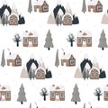 Seamless Scandinavian pattern with hand-drawn houses, mountains and trees. Vectral pattern for baby textiles, gift paper