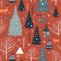 Seamless Scandinavian pattern with winter forest and deer. Vector illustration