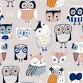 Seamless scandinavian style pattern with cute colourful owls. Childish hand drawn owl birds background. Ideal for fabrics,