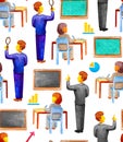 Seamless school educational pattern with teacher and student at a desk in watercolor style on a white background. Chalk board,