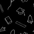 Seamless school pattern on black background. Hand-drawn chalk drawings with school supplies Royalty Free Stock Photo