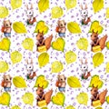 Seamless school pattern - childish animals, autumn leaves, letters. Watercolor