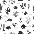 Seamless sea fish and seaweeds pattern. Vector coral reef background with tropical fish and plants