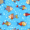 Seamless sea life summer pattern with cartoon fishes and bubbles