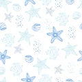 Seamless sea and ocean marine reef pattern with seashells, coral, and starfish. Vector background. Royalty Free Stock Photo