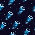 Seamless sea pattern with blue watercolor jellyfish on dark background. Royalty Free Stock Photo