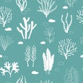Seamless sea pattern with corals and seaweeds. Underwater algae