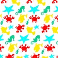 Seamless sea pattern: crab, seahorse, fish, starfish.