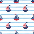 Seamless sea pattern with cute cartoon sailing boats Royalty Free Stock Photo