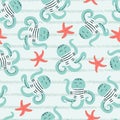 Seamless sea pattern with cute underwater animals - octopus and starfish