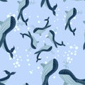Seamless sea pattern with funny whales. Summer marina background Royalty Free Stock Photo