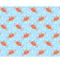 Seamless sea pattern. Orange crab and white bubbles on light blu