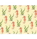 Seamless sea pattern. Orange seahorse and green algae on yellow