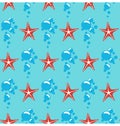 Seamless sea pattern. Red starfish and blue bubbles on blue