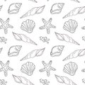 Seamless sea shell pattern hand drawn marine doodle with starfish and bubbles line art Royalty Free Stock Photo