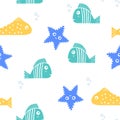 Seamless seafood and fish pattern. Food background for menu and market. Grey illustration for print, web.