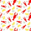 Seamless seafood pattern with boiled crayfish, lemon and dill. Crayfish food background. Great for seafood restaurant