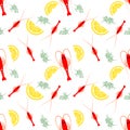 Seamless seafood pattern with boiled shrimp, lemon and dill. Shrimp food background. Great for seafood restaurant menu