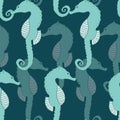 Seamless seahorse pattern in dark green background