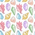 Seamless seashell pattern with shells in flat style. Hand drawn summer sea themed design for textile, wrapping, card