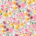 Seamless season pattern with cute bright tulips, daffodils and roses. Endless texture for floral summer design with flowers