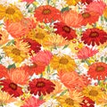 Seamless season pattern with red and yellow astra and dahlia. Endless texture for floral summer design with flowers