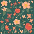 seamless seasonal pattern with orange peach flowers leafs scrapbook textile fabric wrapping paper dark green background Royalty Free Stock Photo