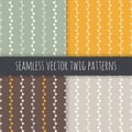 Seamless seasonal vector patterns set. White twigs on green yellow brown grey background.