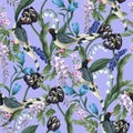 Seamless sensitive pattern with magpies and tulips. Vector. Royalty Free Stock Photo