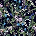 Seamless sensitive pattern with magpies and tulips. Vector. Royalty Free Stock Photo