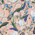 Seamless sensitive pattern with swan and flowers. Vector. Royalty Free Stock Photo