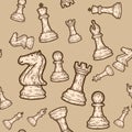 Seamless sepia set of chess pieces. Engraving raster illustration. Sketch scratch