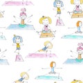 Seamless set Funny watercolor drawing of a happy girls in the yoga positions Royalty Free Stock Photo