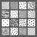 Set of 16 seamless pattern. Abstract forms drawn a wide pen and ink. Backgrounds in black and white. Royalty Free Stock Photo