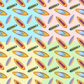 Seamless set pattern with vintage surfboards on color Background. Flat design Illustration