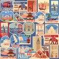 Seamless Set of travel retro labels and cards. Different countries and cities