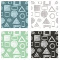 Seamless set of vector geometrical patterns with rectangles, triangles, circle, square endless background with hand drawn textured