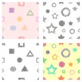 Seamless set of vector geometrical patterns with stars, triangles, circle, square endless background with hand drawn textured geom