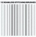 Seamless sewing stitch brush vector illustrator set, different types of machine stitch brush pattern for fasteners, dresses