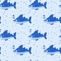 Seamless shark pattern in cartoon style. Sea, ocean theme vector illustration for kids Royalty Free Stock Photo